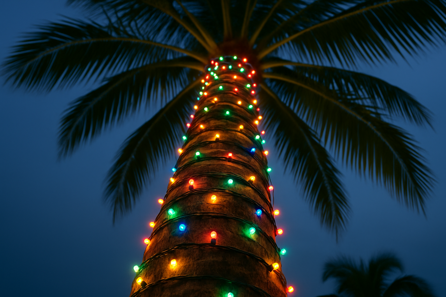 a real photo of a palm tree with christmas lights wrapped up the trunk of the tree