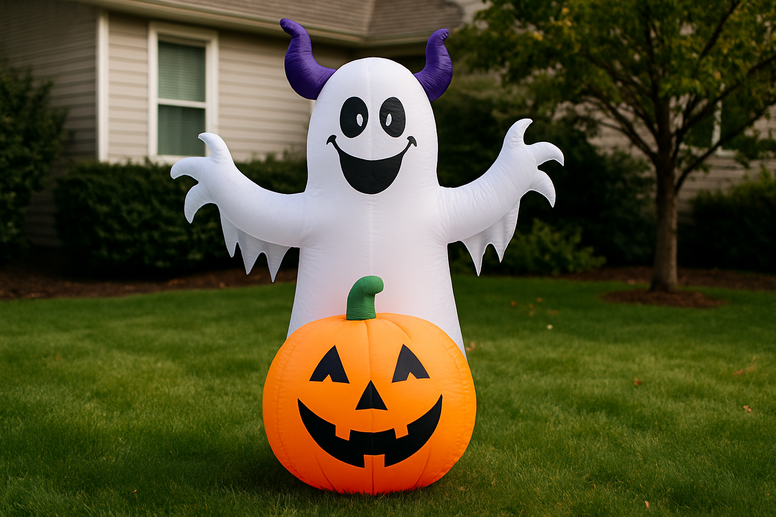 a real photo of an inflatable halloween yard decoration that is showcased by itself but in a yard
