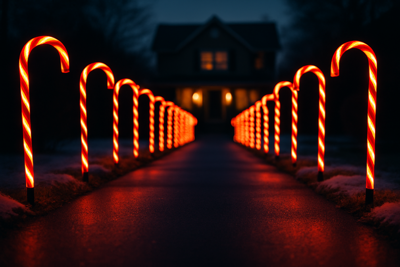 a real photo of light up candy cane stakes that evenly lining a driveway from a cinematic point of view
