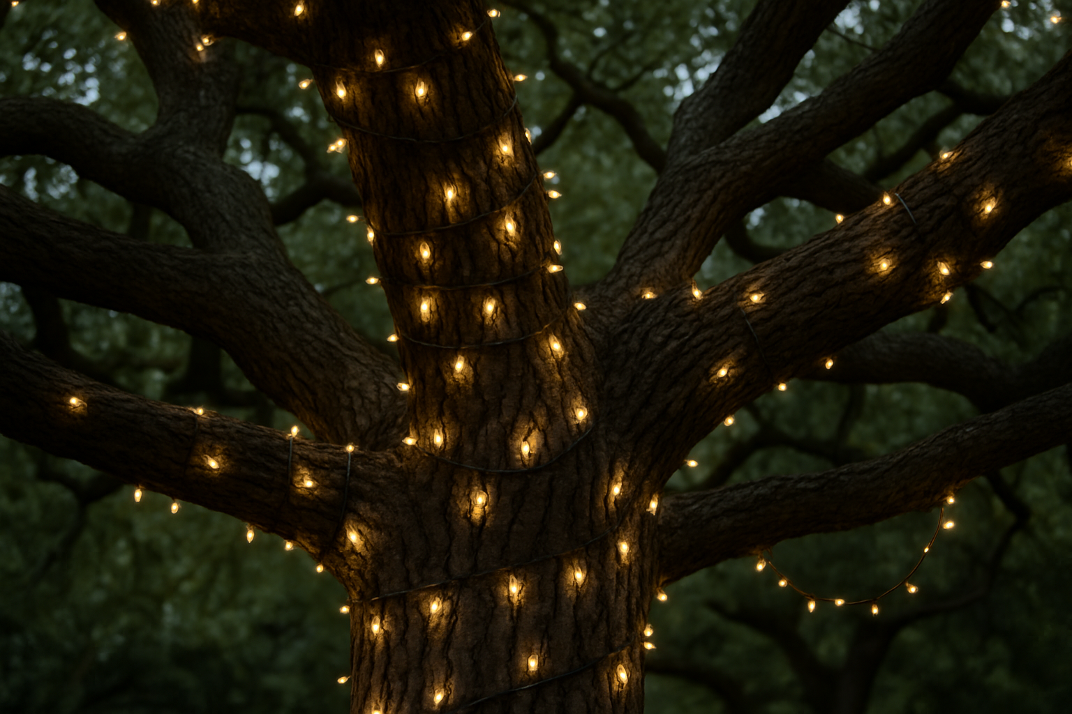 a real photo of white christmas lights wrapped around a texas oak tree trunk and branches
