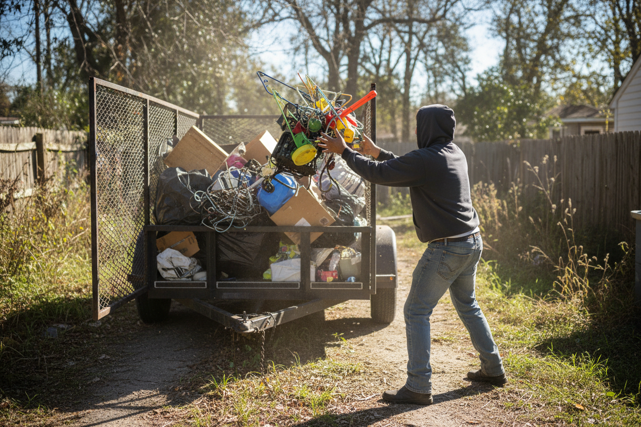 person throwing junk in a trailer no face shot